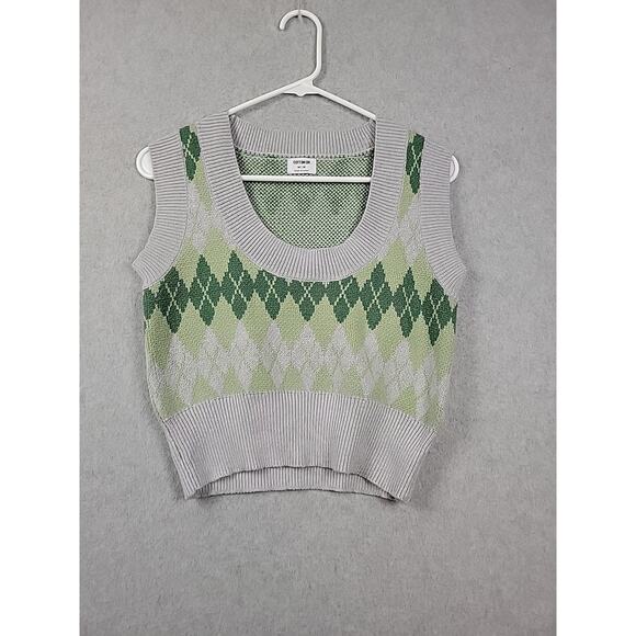 Cotton: On Gray Green Argyle Print Knit Crop Sweater Vest Women's Medium - Picture 1 of 12